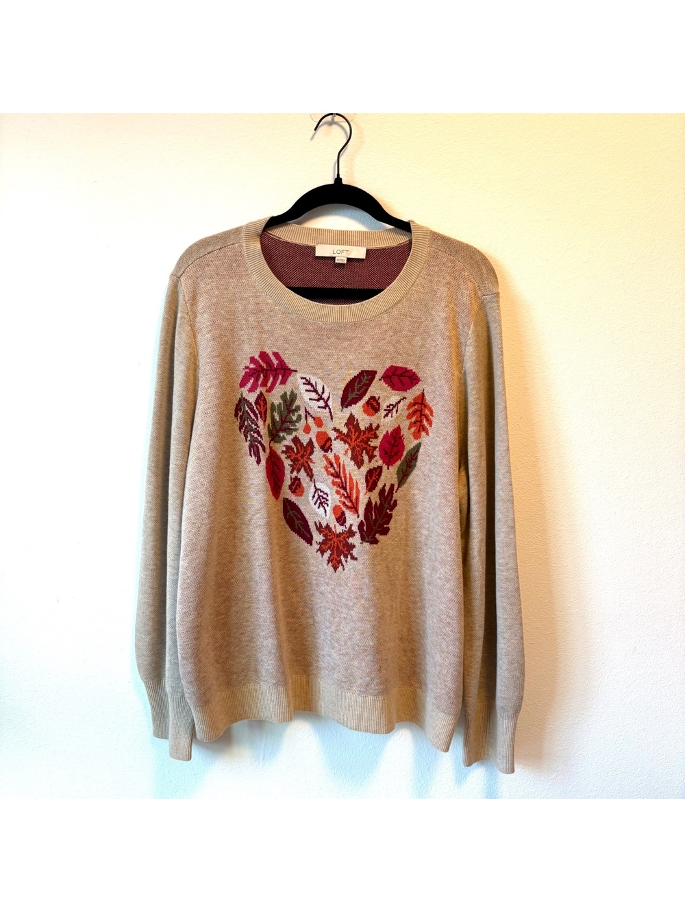 LOFT Leaf Heart Sweater XXL Beige Fall Knit Crewneck Pullover Cozy Autumn
